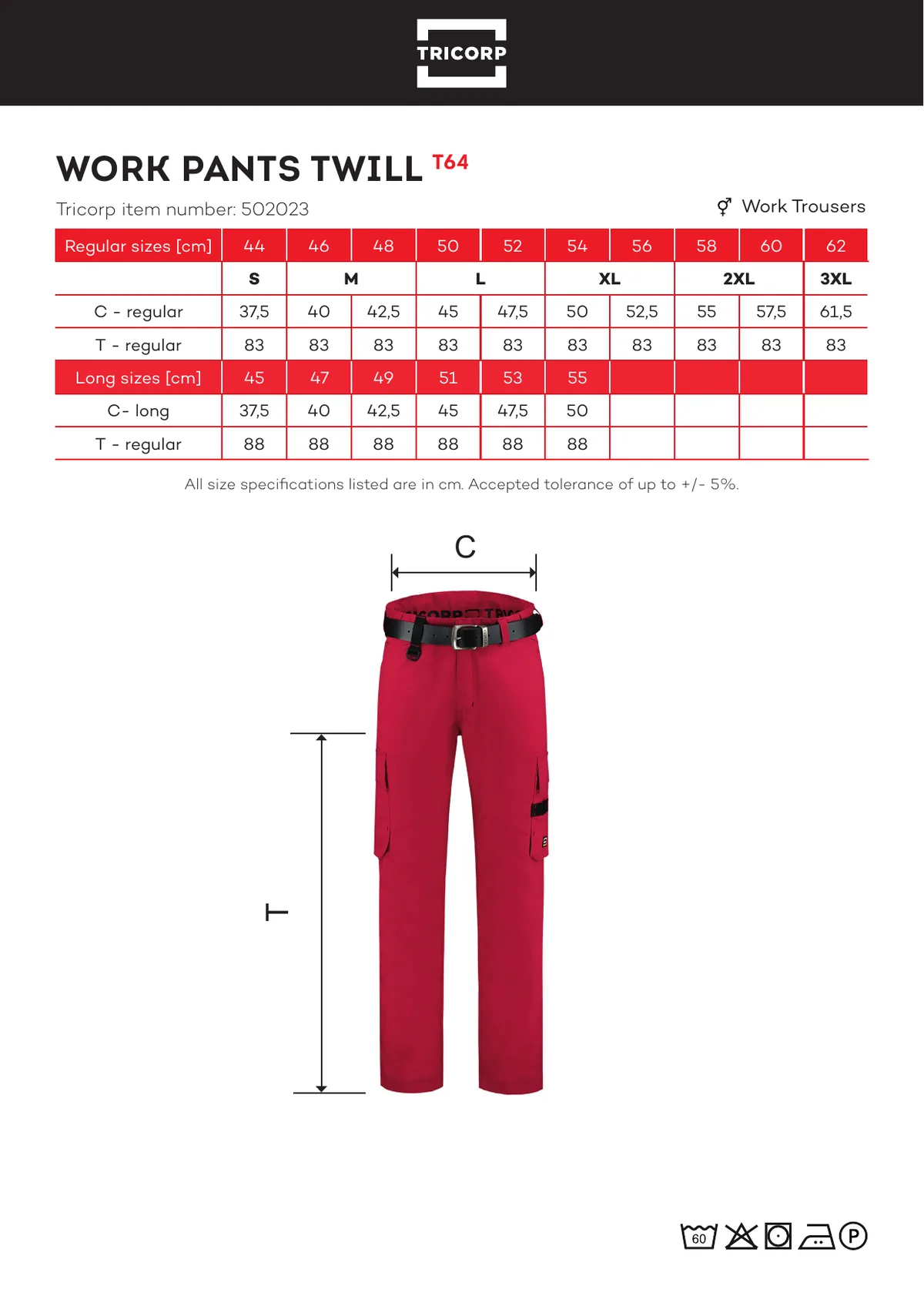 TRICORP Work Pants Twill derekas nadrág (T64) gyártói méretlapja: mérettáblázat és a mérési pontok ábrája
