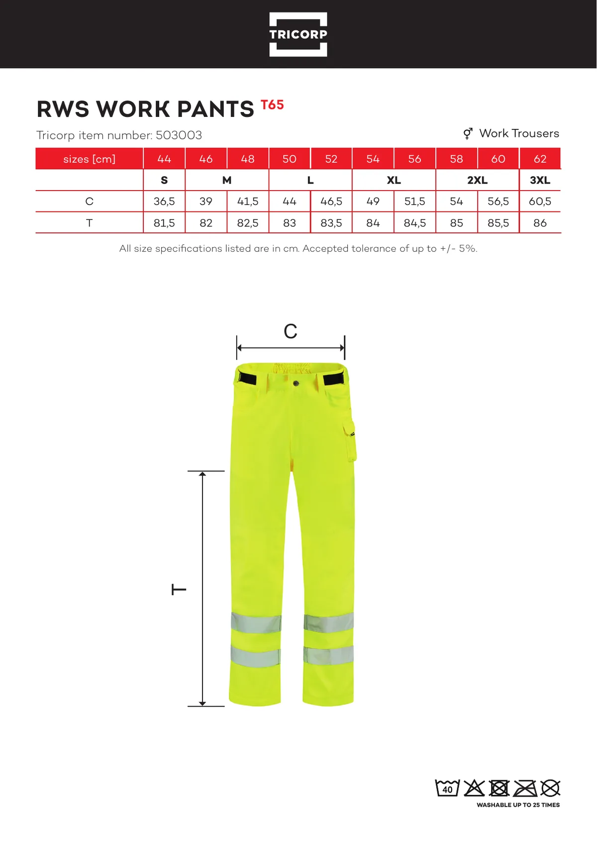 TRICORP RWS Work Pants derekas nadrág (T65) gyártói méretlapja: mérettáblázat és a mérési pontok ábrája