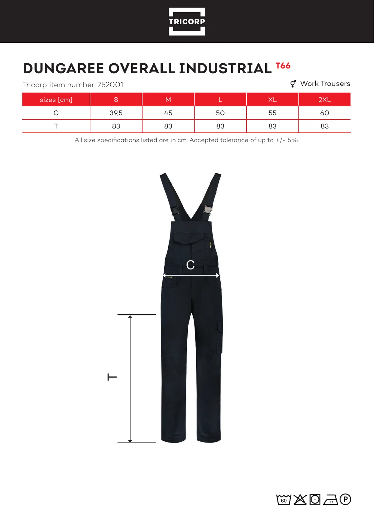 TRICORP Dungaree Overall Industrial derekas nadrág (T66) gyártói méretlapja: mérettáblázat és a mérési pontok ábrája
