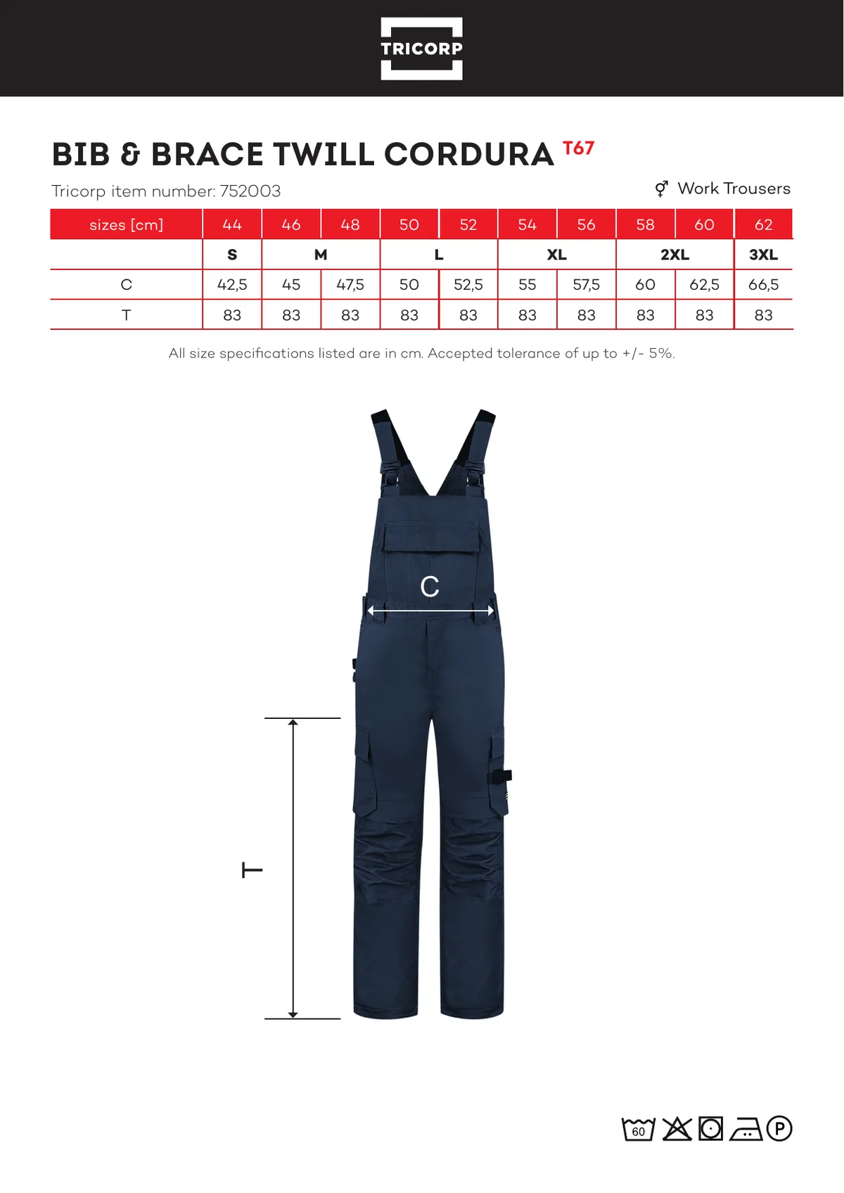 TRICORP Bib & Brace Twill Cordura derekas nadrág (T67) gyártói méretlapja: mérettáblázat és a mérési pontok ábrája