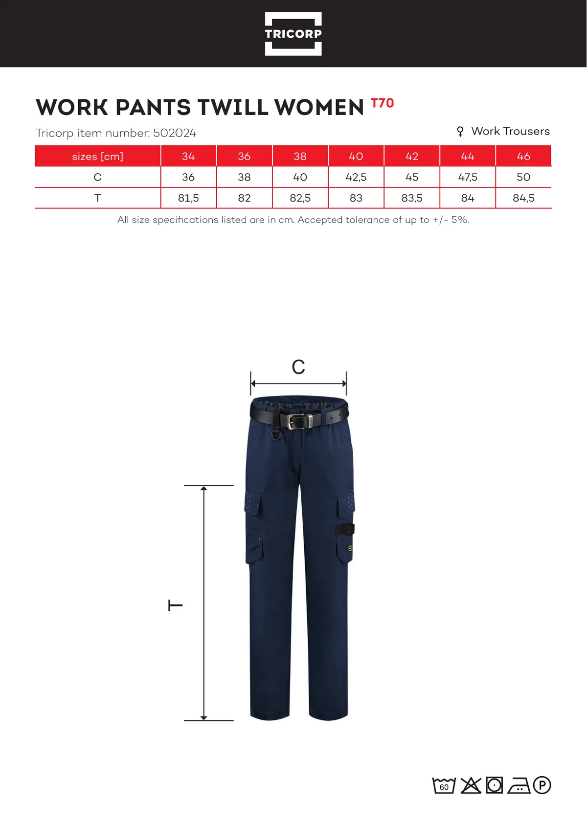 TRICORP Work Pants Twill Women derekas nadrág (T70) gyártói méretlapja: mérettáblázat és a mérési pontok ábrája