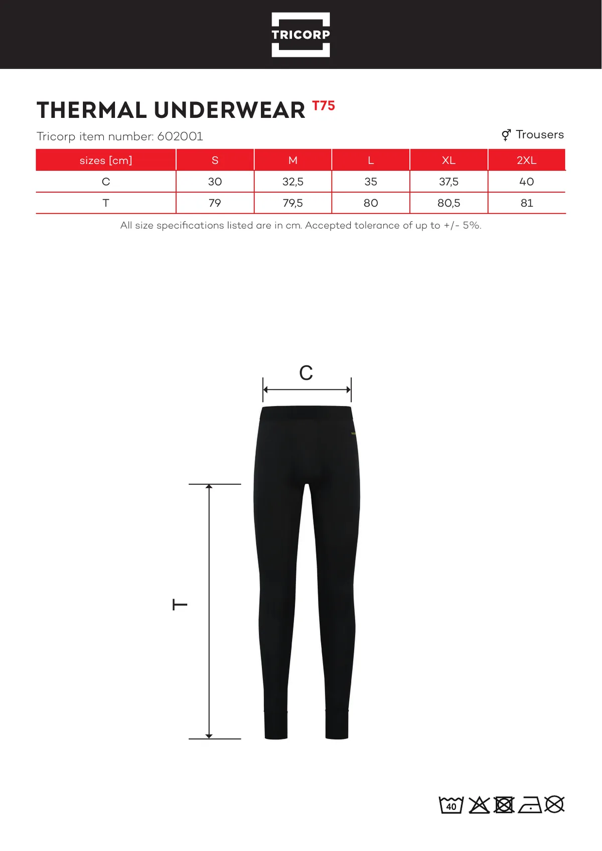 TRICORP Thermal Underwear derekas nadrág (T75) gyártói méretlapja: mérettáblázat és a mérési pontok ábrája