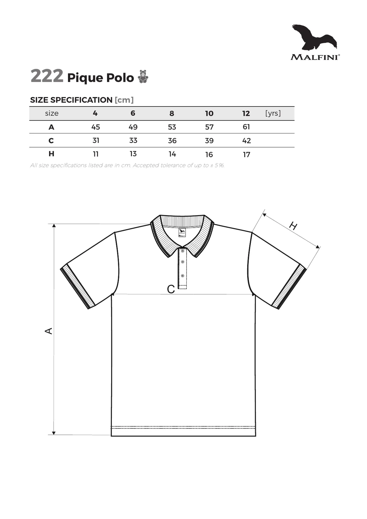 MALFINI Pique Polo (X22) gyártói méretlapja: mérettáblázat és a mérési pontok ábrája